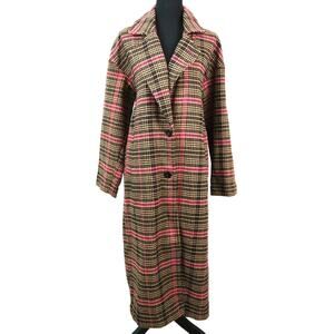 Wild Fable Brown Pink Herringbone Plaid Longline Trench Coat Wool Blend Women XL